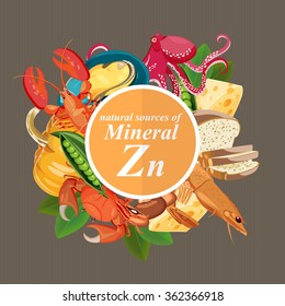 Groups Of Healthy Fruit, Vegetables, Meat, Fish And Dairy Products Containing Specific Vitamins. Zinc. Minerals.