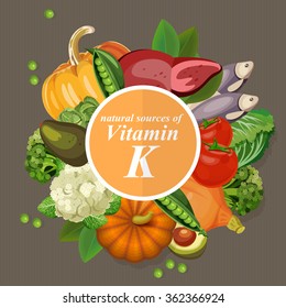 Groups of healthy fruit, vegetables, meat, fish and dairy products containing specific vitamins. Vitamin K.