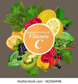 Groups of healthy fruit, vegetables, meat, fish and dairy products containing specific vitamins. Vitamin C.