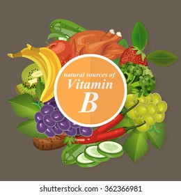 Groups of healthy fruit, vegetables, meat, fish and dairy products containing specific vitamins. Vitamin B. 