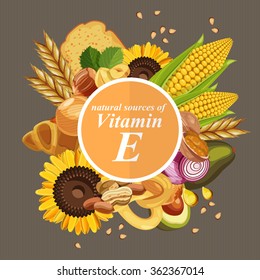 Groups of healthy fruit, vegetables, meat, fish and dairy products containing specific vitamins. Vitamin E.