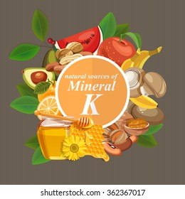 Groups of healthy fruit, vegetables, meat, fish and dairy products containing specific vitamins. Potassium. Minerals.