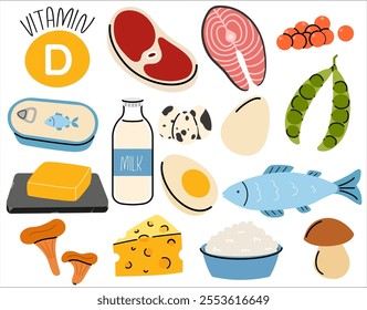 Groups of healthy products containing vitamin D. Set of fruits, vegetables, meats, fish and dairy products
