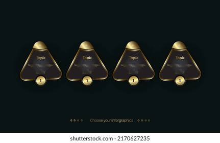 Groups of luxury triangle buttons templates on dark background in Golden colorised Infographic design
