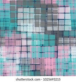 Groups from oblique translucent quadrilaterals form an unusual grunge pattern. Seamless pattern.