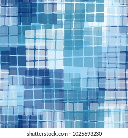 Groups from oblique translucent quadrilaterals form an unusual grunge pattern. Seamless pattern.