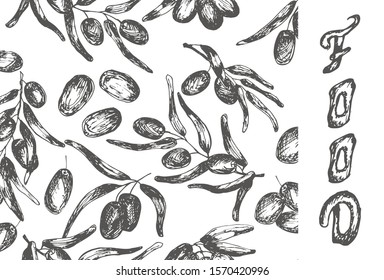 Groups of olives and handwritten text ,, Olives "on a white background, sketch elements. Copy space. Monochrome drawing. Suitable for background design, food, cosmetic products, decoupage. Vector 