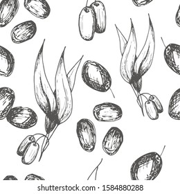 Groups of olives on a seamless white background, sketch elements. Monochrome drawing. Suitable for background design, food packaging, cosmetic products, decoupage. Vector illustration