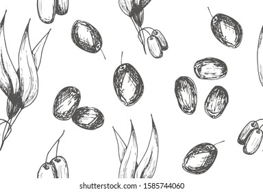 Groups of olives on a seamless white background, sketch elements. Monochrome drawing. Suitable for background design, food packaging, cosmetic products, decoupage. Vector illustration.Line art