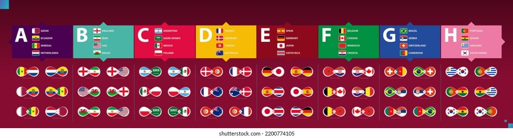 Groups participants flags and games icon of football competition 2022. Vector illustration.