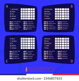 Groups participants flags and games icon of rugby competition 2023. Vector illustration.