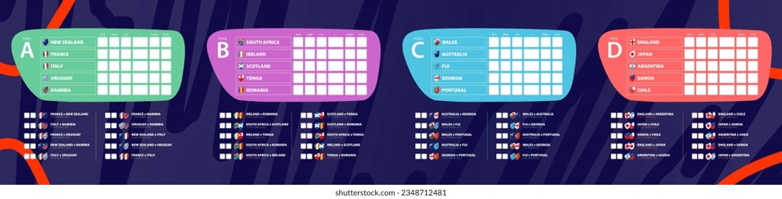 Groups participants flags and games icon of rugby competition 2023. Vector illustration.