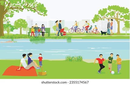 Groups of people by the water with families, parents and children, illustration