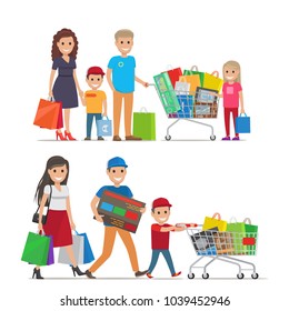 Groups of people doing shopping vector illustration with white background. Families of four and three members carry purchases in hands and in trolleys. Process of buying items and goods for home
