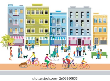 groups of people enjoying leisure time in a residential area with restaurants, illustration