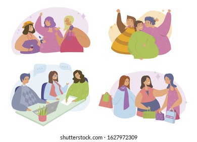 Groups of people flat vector illustration. Friends spend time together, work, shopping, party, bachelor party. Happy and funny people in company of other people, relaxing and spend time with friends.