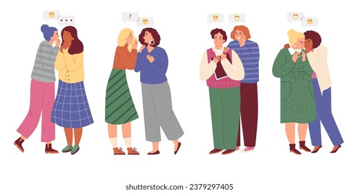 Groups of people gossip and whispering rumors about other people, flat vector illustration isolated on white background. People tittle-tattle and gossiping.