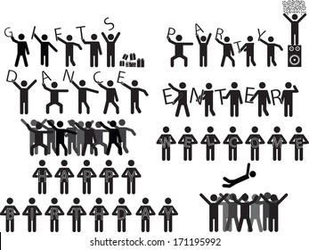 Groups of people holding party messages illustrated on white