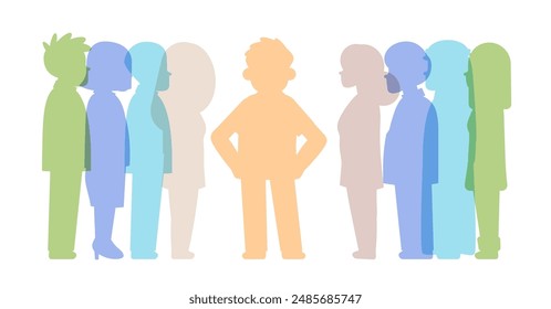 Groups of people looking at confident man. Courage concept colorful people silhouettes