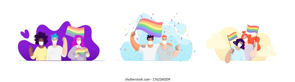 Groups of people on a pride parade wearing white medical face masks on an abstract background.
