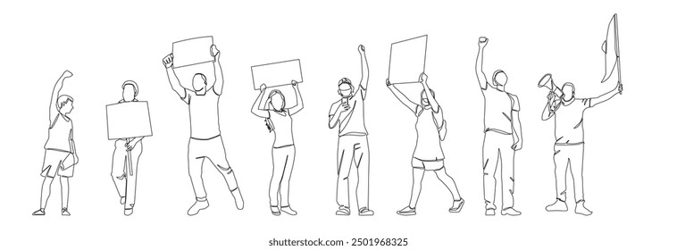 Groups of people protesting single continuous line drawing vector illustrations