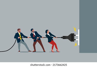 Groups of people pulling for the electricity cord, in tug of war play. Struggling team competing with each other. Vector illustration for game, contest, competition, confrontation.