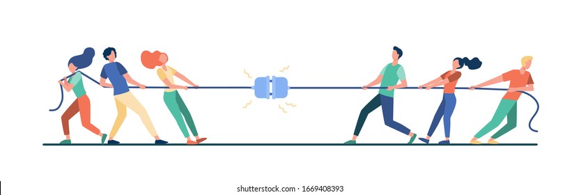 Groups of people pulling rope in tug of war play. Struggling team competing with each other. Vector illustration for game, contest, competition, confrontation concept