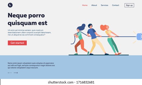 Groups of people pulling rope in tug of war play. Struggling team competing with each other. Vector illustration for game, contest, competition, confrontation concept