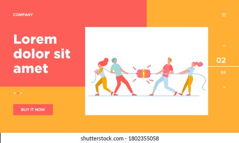 Groups of people pulling rope in tug of war play. Struggling team competing with each other. Vector illustration for game, contest, competition, confrontation concept