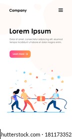Groups of people pulling rope in tug of war play. Struggling team competing with each other. Vector illustration for game, contest, competition, confrontation concept