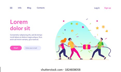 Groups of people pulling rope in tug of war play. Struggling team competing with each other. Vector illustration for game, contest, competition, confrontation concept