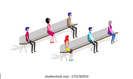 Groups of people sit queue, people waiting , Social Distance Concepts, vector flat style