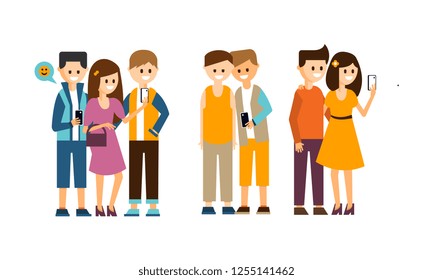 Groups of people with smartphones making selfies. Young smiling girls and guys. Flat vector design