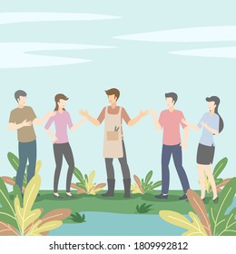 Groups of people talk in different characters.Concept bargain,exchange ideas.Flat design style,vector illustration about conversation.