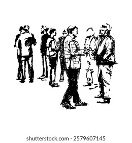 Groups of people talking. Full-body characters in motion, interacting with each other. Hand-drawn sketch. Black and white doodle vector.