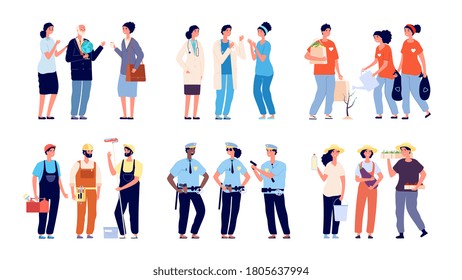 Groups of professionals. Essential workers, social service and volunteers. Isolated teachers doctors policemen farmers repairman characters. Different professions vector illustration