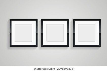 Groups of Realistic rectangle blank black picture frames with shadow collection isolated on the white wall