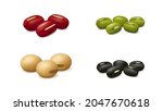 Groups of red adzuki, black gram, soy and green mung beans isolated on white background. Realistic vector illustration. Side view.