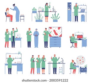 Grupos de científicos que descubren células sanguíneas que realizan pruebas de laboratorio con ilustraciones vectoriales de pacientes