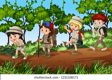 Groups of scouts exploreing outdoor illustration