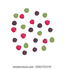 Groups of several peppercorns of different colors green and black pepper, pink Brazilian or Peruvian. Flat doodle vector illustration. Side view.