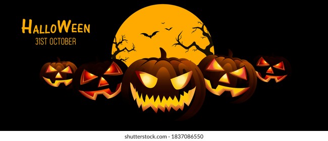 Groups of Spooky Halloweens, scary black Halloween pumpkins on a dark background with jack o lantern - Happy Halloween, used in Halloweens concept designs.