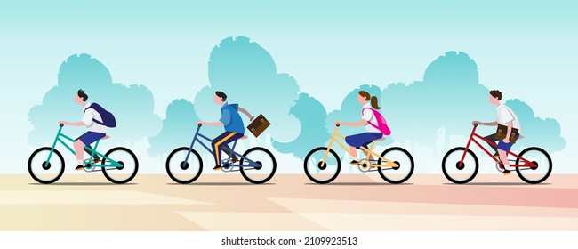 Groups of students ride bicycles to go to school having fun. Education is like going on a journey around the world. Flat vector illustration design