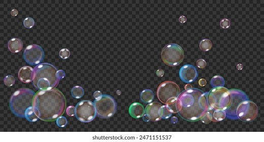 Groups of translucent rainbow soap bubbles, isolated on a transparent background. Best used on dark illustrations. Transparency only in vector format.