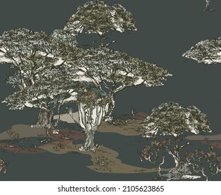 Groups of Trees in African Landscape Seamless Pattern, Hand Drawn Plants Nature Views Toile on Dark Grey Background, Etched Earthy Color Wallpaper Design