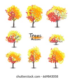Groups of trees isolated on white background. - Autumn season