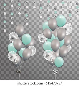 Groups of turquoise, silver, white transparent helium balloon isolated. Party decorations for birthday, anniversary, celebration, event design. Bunch of balloons. Vector.