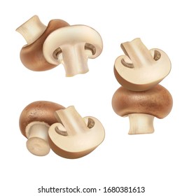 Groups of two 3d realistic champignons isolated on white background. Mushroom composition set for food label design. Vector cremini illustration. Whole and cut portobello side view