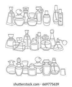 Groups of uncolored perfume bottles. Hand-drawn, retro, doodle, vector elements, outline, different shapes.Vector illustration.