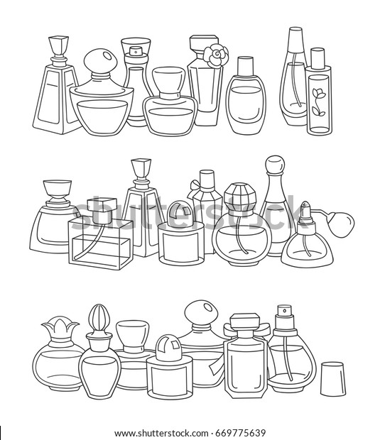 Groups Uncolored Perfume Bottles Handdrawn Retro Stock Vector (Royalty ...